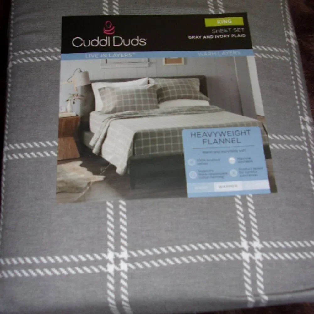 NWT Cuddl Duds Heavyweight Flannel Gray Plaid King size Sheet Set